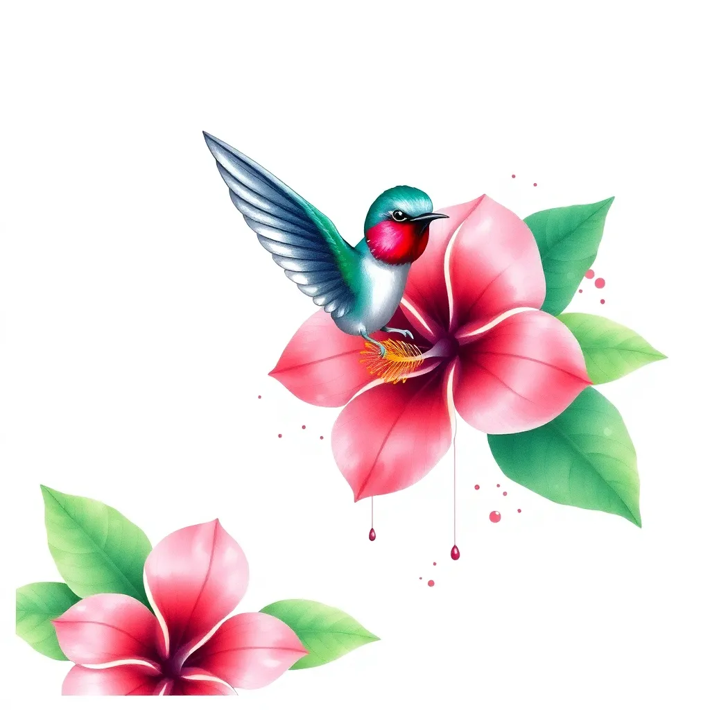 A watercolor hummingbird mid-flight sipping nectar from a tropical hibiscus, with iridescent feather washes and loose painterly color.