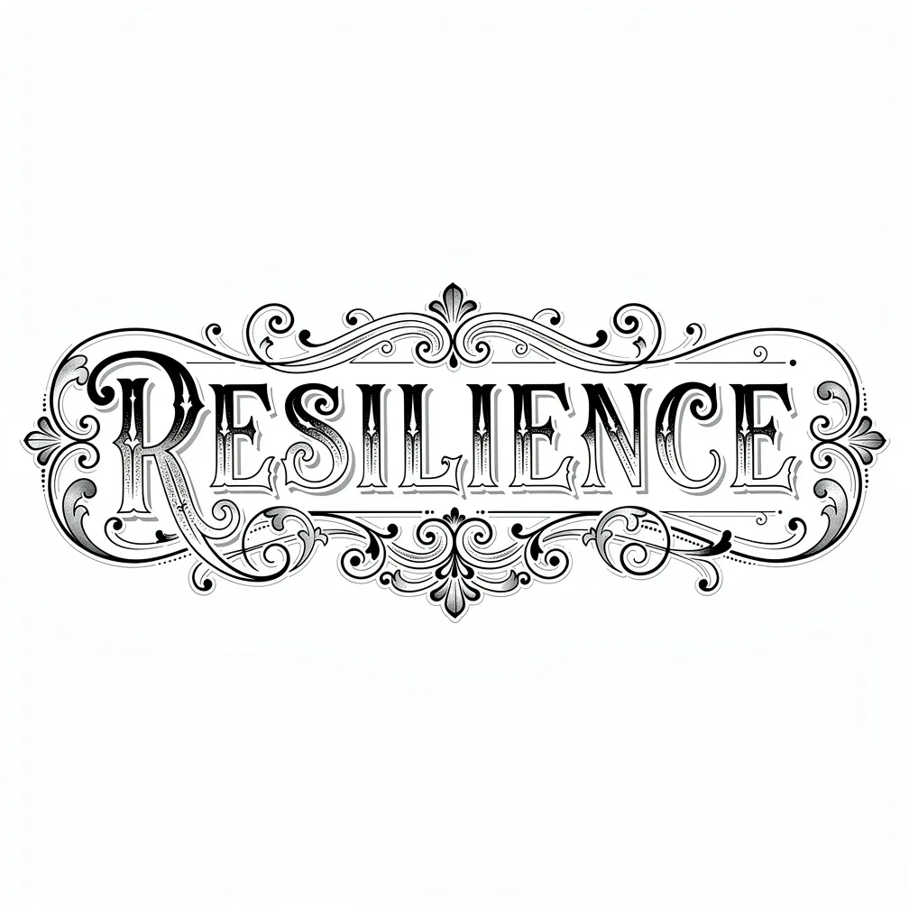 Ornate Victorian-style lettering spelling “RESILIENCE” with decorative flourishes and filigree details.