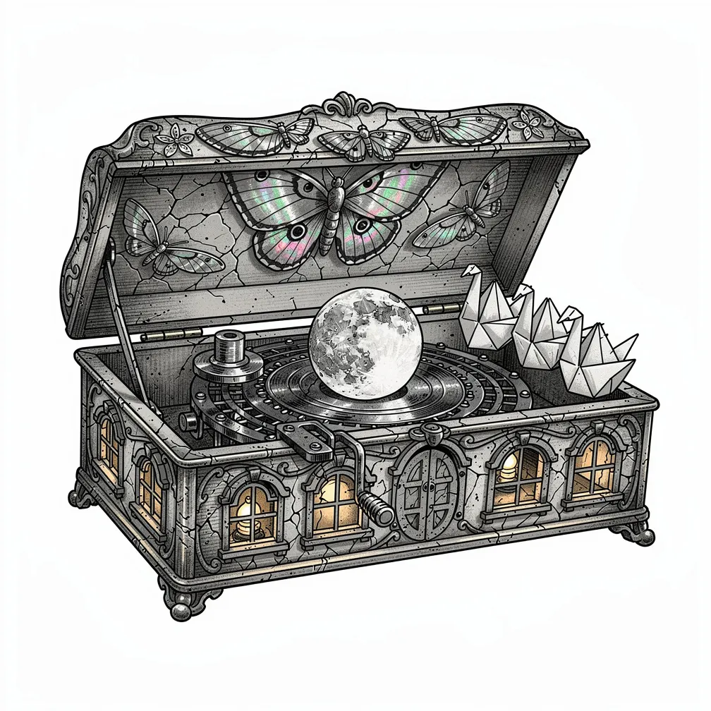 Una caja de música antigua de estilo ilustrativo con la tapa agrietada e incrustaciones de alas de polilla; dentro, un diminuto cilindro-luna y un tren nocturno de cisnes, notas musicales plateadas en