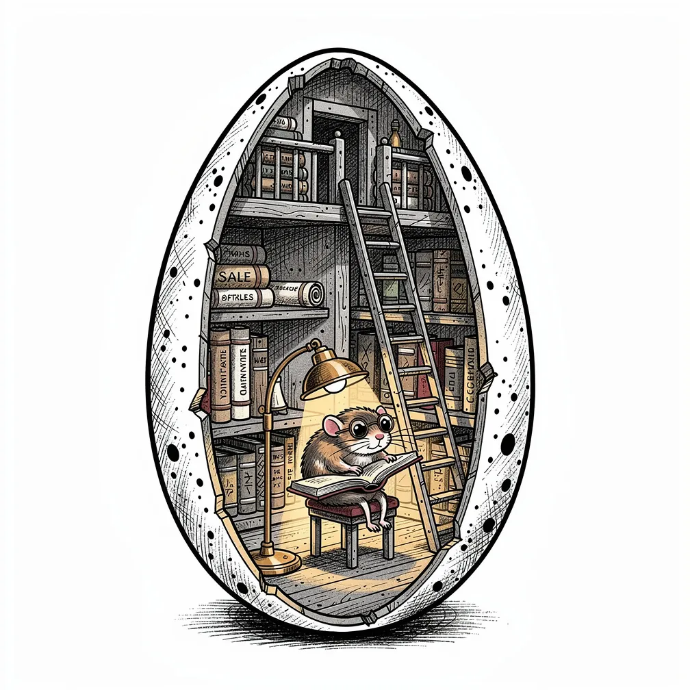 An illustrative ostrich egg split open to reveal a tiny lamp-lit library with scrolls, books, ladder, and a sleepy dormouse librarian wearing spectacles.
