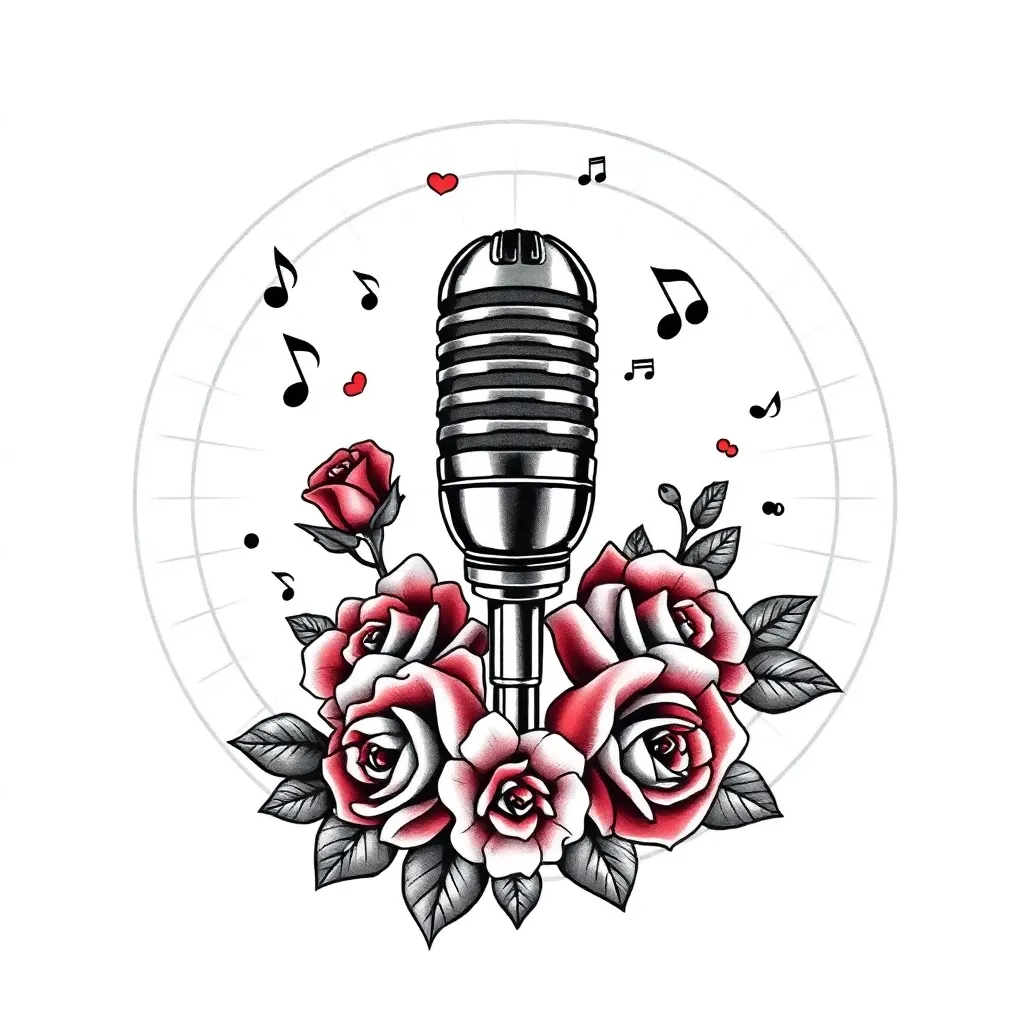 A neo-traditional vintage microphone entwined with roses and floating music notes, with concentric sound-wave rings radiating outward