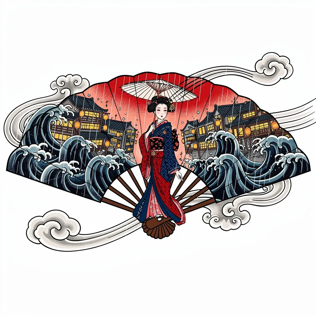 A Japanese-style folding fan where inked ocean swells transform into lantern-lit miniature city alleys, with a serene woman under a paper umbrella on the central spine.