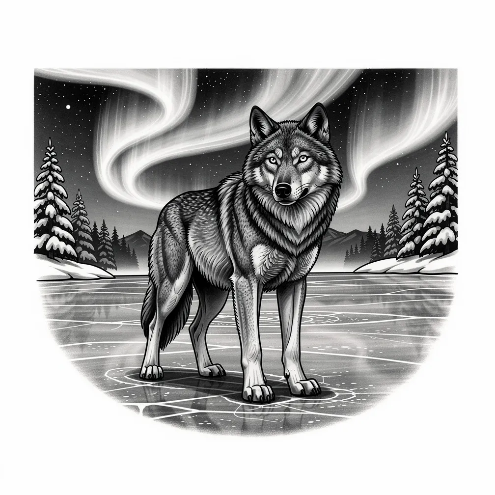 Escena realista de la aurora boreal danzando sobre un lago congelado, con un lobo solitario de pie sobre el hielo, enmarcado por coníferas cargadas de nieve.