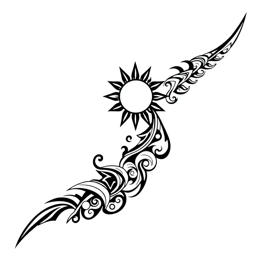 A Polynesian tribal full-sleeve design of bold black ocean wave motifs, shark-tooth patterns and stylized sun symbols flowing together.