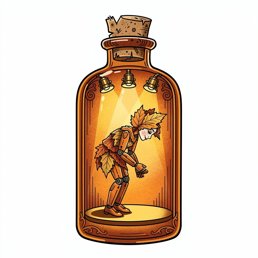 An illustrative amber apothecary bottle opens like a tiny stage, revealing a leaf-made marionette bowing under brass spotlights with a wistful porcelain face.