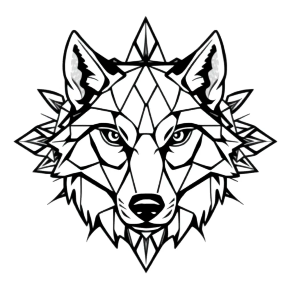 Un lobo geométrico formado por triángulos afilados y facetas angulares, con ojos penetrantes visibles a través de la estructura facetada, en estilo de tatuaje geométrico.