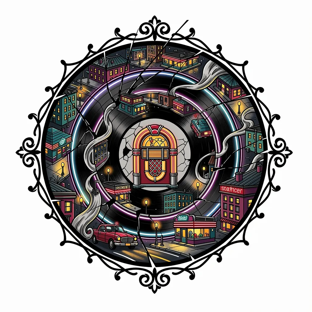 A neo-traditional cracked vinyl record turned into a neon-lit cityscape, with diner roofs and streetlamps in the grooves and a jukebox window at the center.