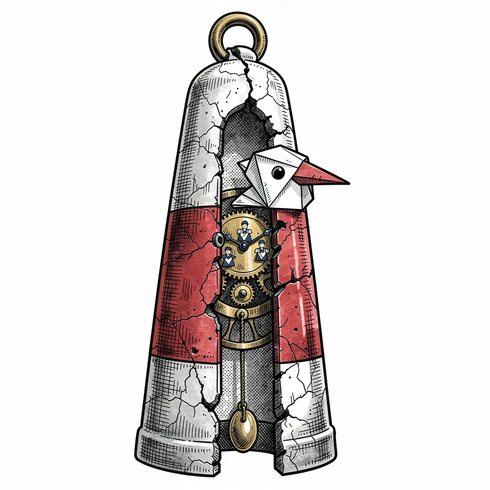An illustrative crackled porcelain lighthouse buoy with a faded red band splits open to reveal a lamp-lit cuckoo-clock heart with gears, pendulum, and origami sailor hands.
