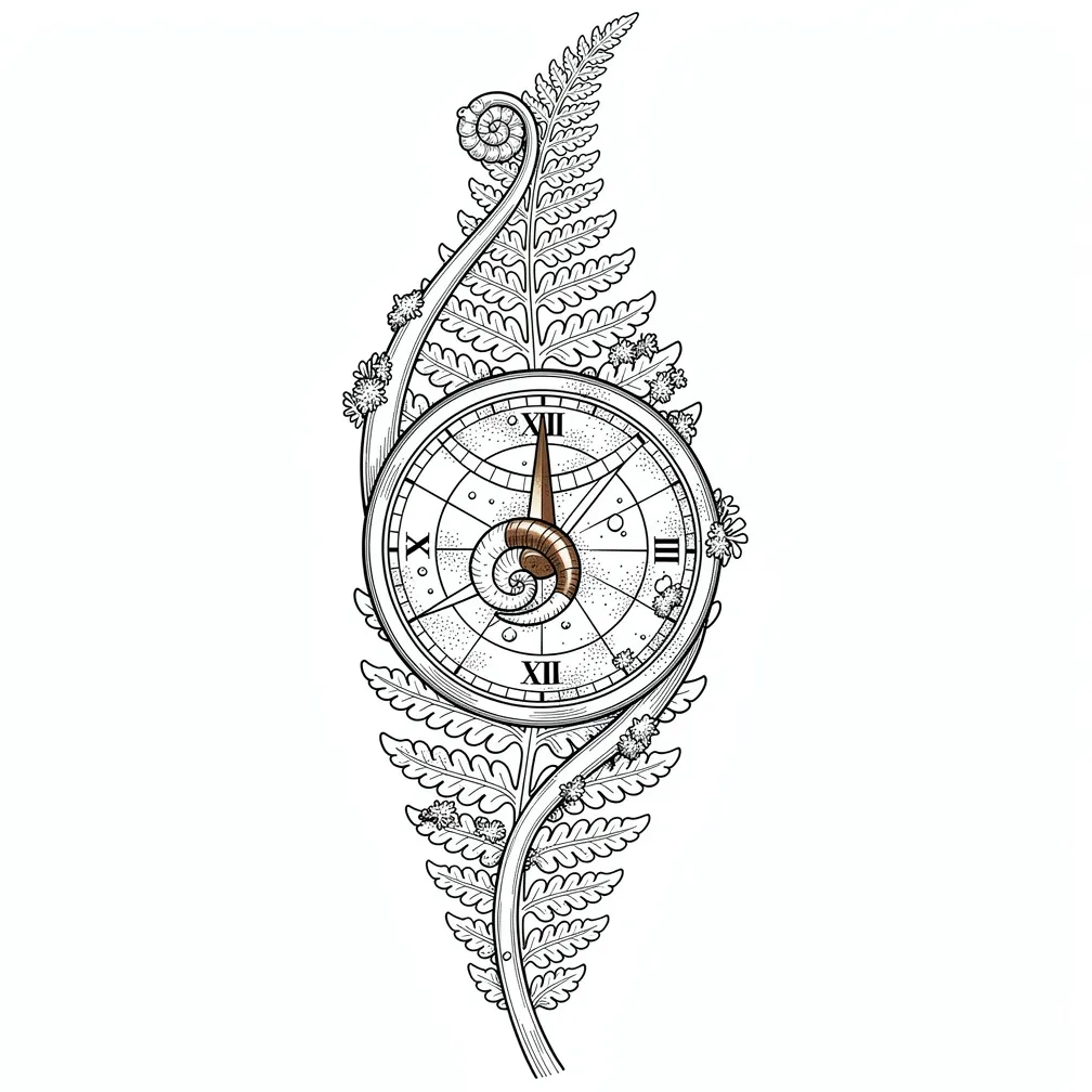 A fine-line vertical fern fiddlehead reimagined as a pocket sundial, with a bronze gnomon, concentric hour rings in frond veins, and lichen and dew highlights.