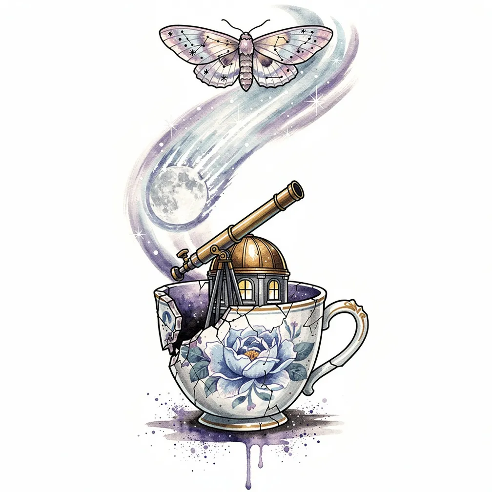 A watercolor cracked blue-printed porcelain teacup split open to reveal a tiny moonlit observatory with a brass dome, telescope, and a constellation-mapped moth, steam turning into comet trails.