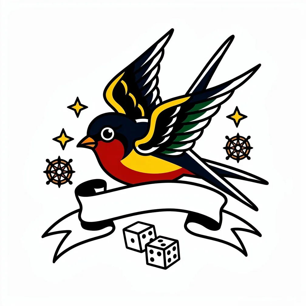 Tatuaje tradicional de dos golondrinas que llevan una banderola ondulante, rodeadas de estrellas y un par de dados en colores clásicos y vivos.