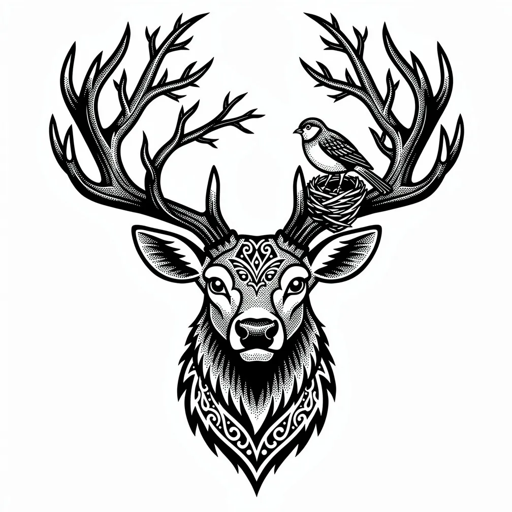 A blackwork stag with antlers formed from intertwining tree branches, with small birds nesting within the limbs.