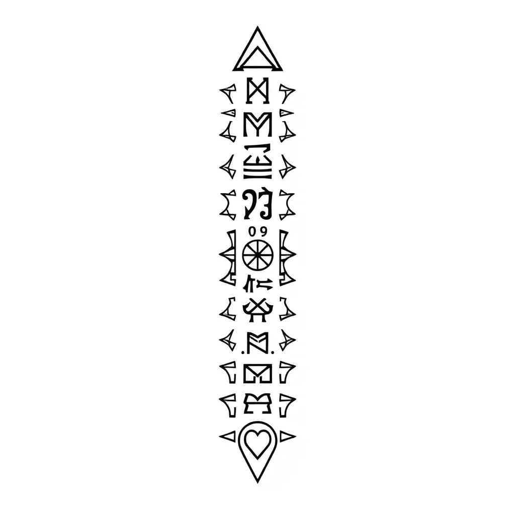 A vertical column of Norse runes arranged in geometric, angular forms with clean black linework and negative-space accents, evoking an ancient symbolic staff.