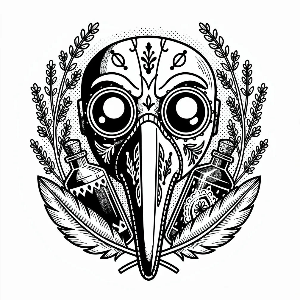 A blackwork plague doctor mask with glowing eye lenses, framed by dried herbs, feathers, and apothecary bottles.