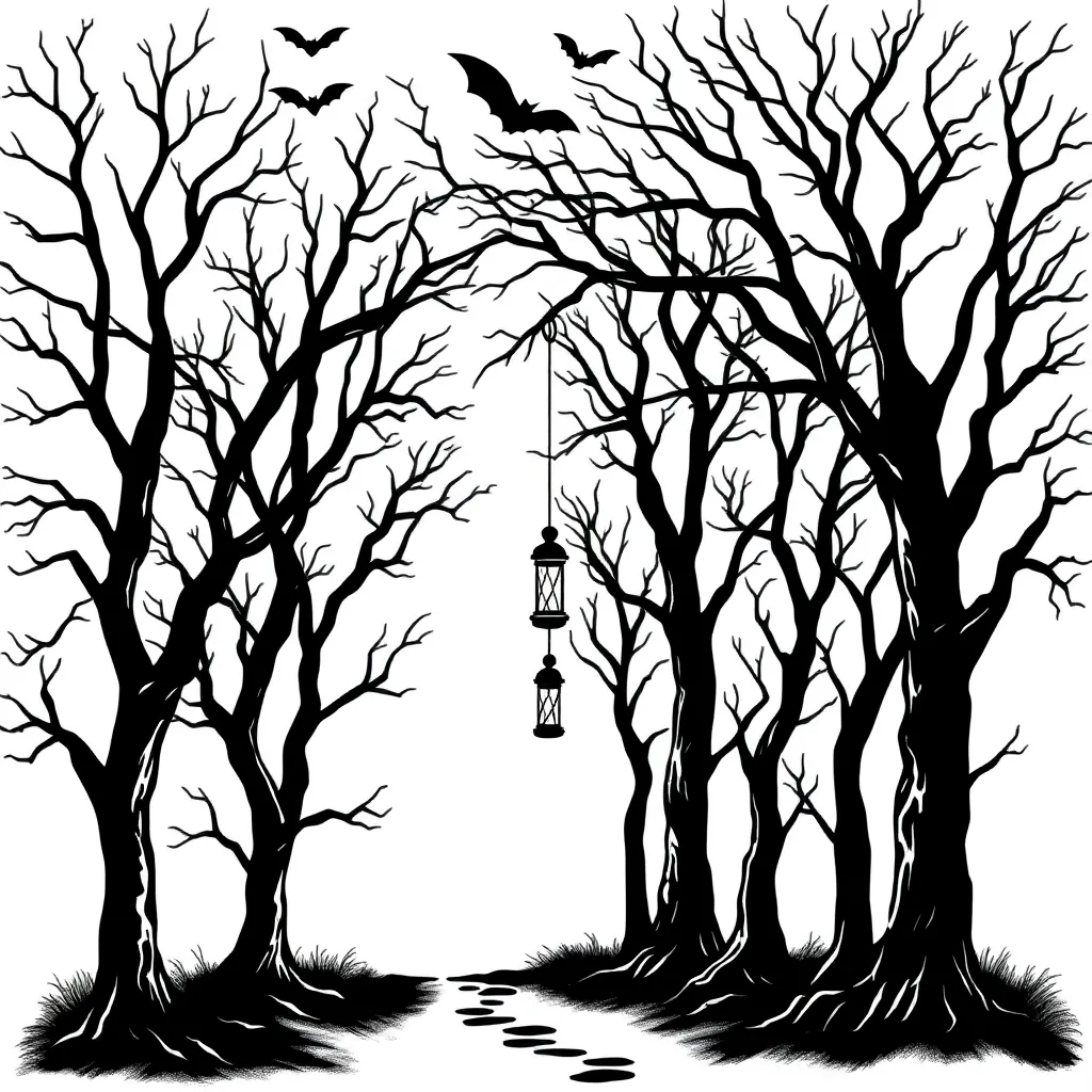 A blackwork dark forest of bare twisted trees with a single glowing lantern on a crooked path and bats flying overhead
