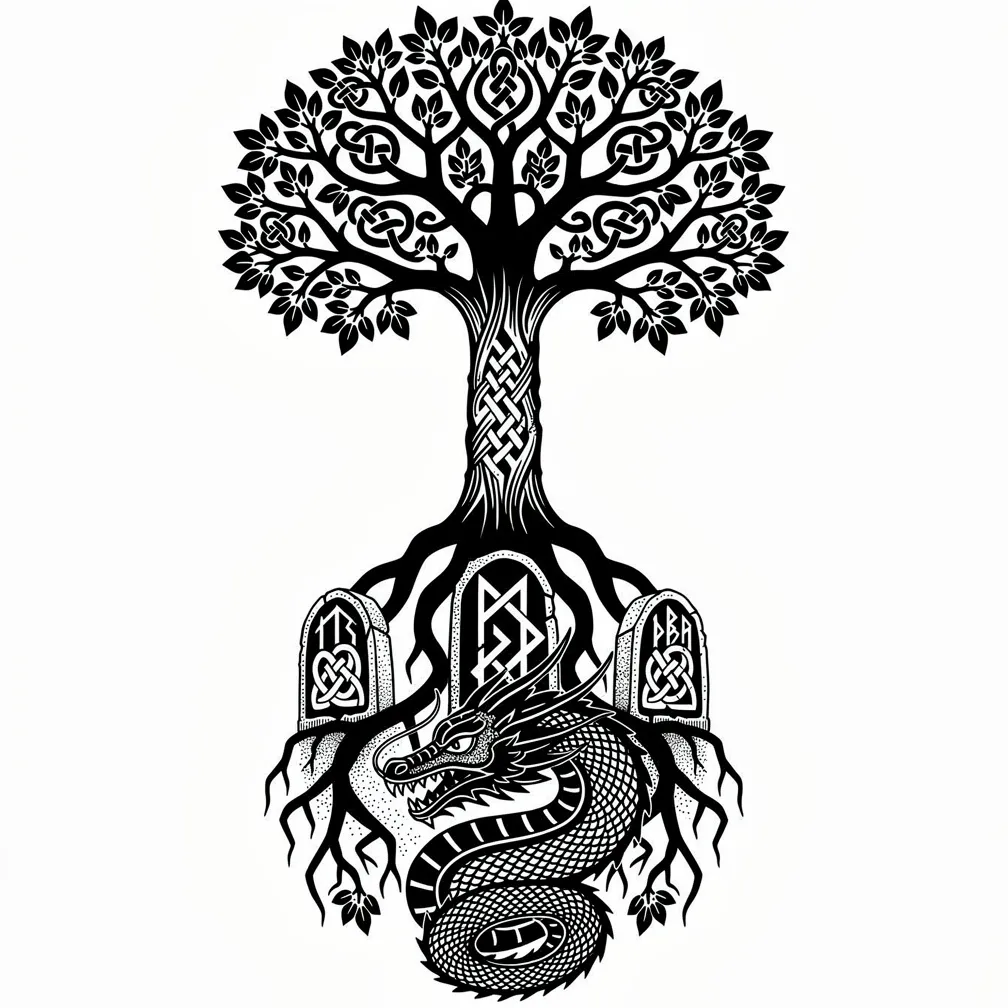 A blackwork Yggdrasil world tree with sprawling roots reaching into three realms and a dragon coiled at the base.
