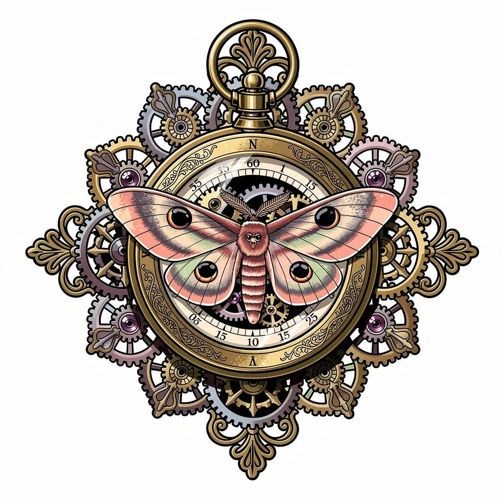 Sebuah barometer loyang antik neo-tradisional yang retak menjadi mandala kerja jam, menampakkan seekor ngengat luna bersaiz besar dengan angka barometrik dan urat sayap seperti gear.