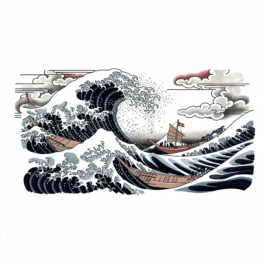 A Japanese-style great wave with foaming spray, a lone sailboat on the crest, and a stormy sky in bold, dynamic linework.