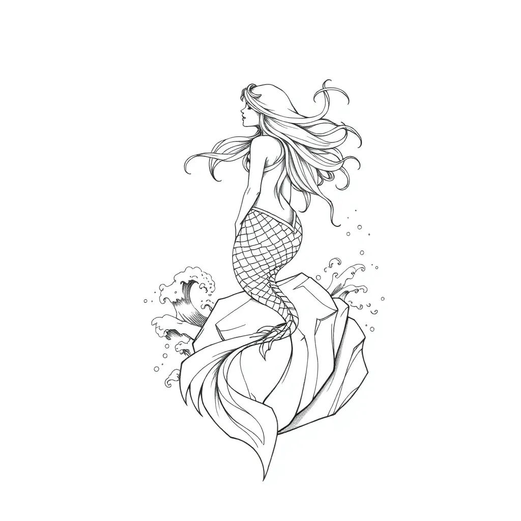 An illustrative siren perched on jagged sea rocks, singing to passing ships as her tail dissolves into crashing ocean waves