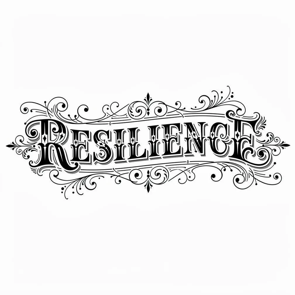 Caligrafía ornamentada de estilo victoriano que forma la palabra RESILIENCE, con florituras decorativas, detalles de filigrana y sombreado en relieve en un estilo de lettering elaborado.