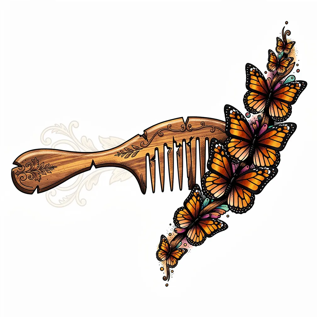 A neo-traditional worn wooden hair comb whose teeth dissolve into a diagonal stream of monarch butterflies, wings shifting from woodgrain to vivid orange-and-black.