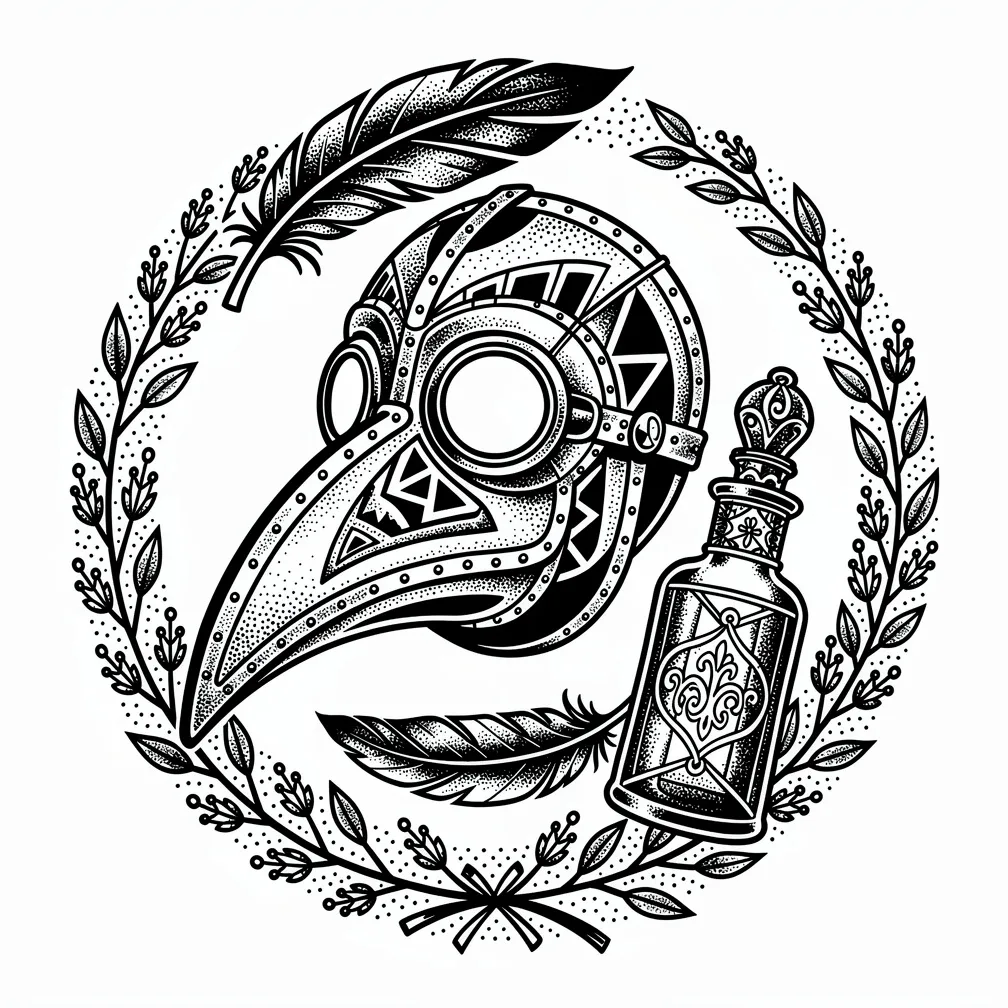 A blackwork plague doctor mask with glowing eye lenses, framed by dried herbs, feathers, and apothecary bottles.