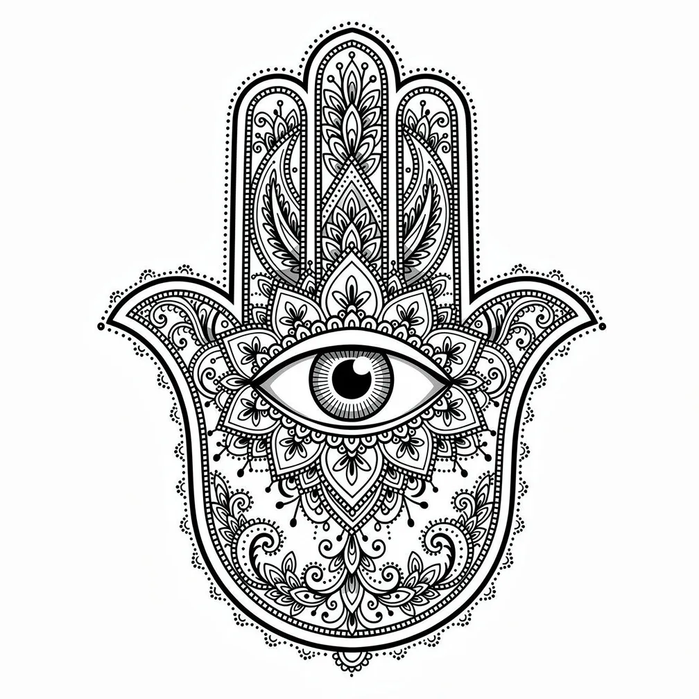 An ornamental hamsa hand with a central evil eye, filled with henna-inspired patterns and protective symbols in blackwork line detail.