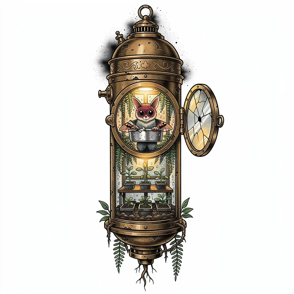 An illustrative dented brass bicycle lamp with cracked glass opened like a porthole, revealing a dew-fogged miniature greenhouse where a moth botanist tends glowing seedlings.