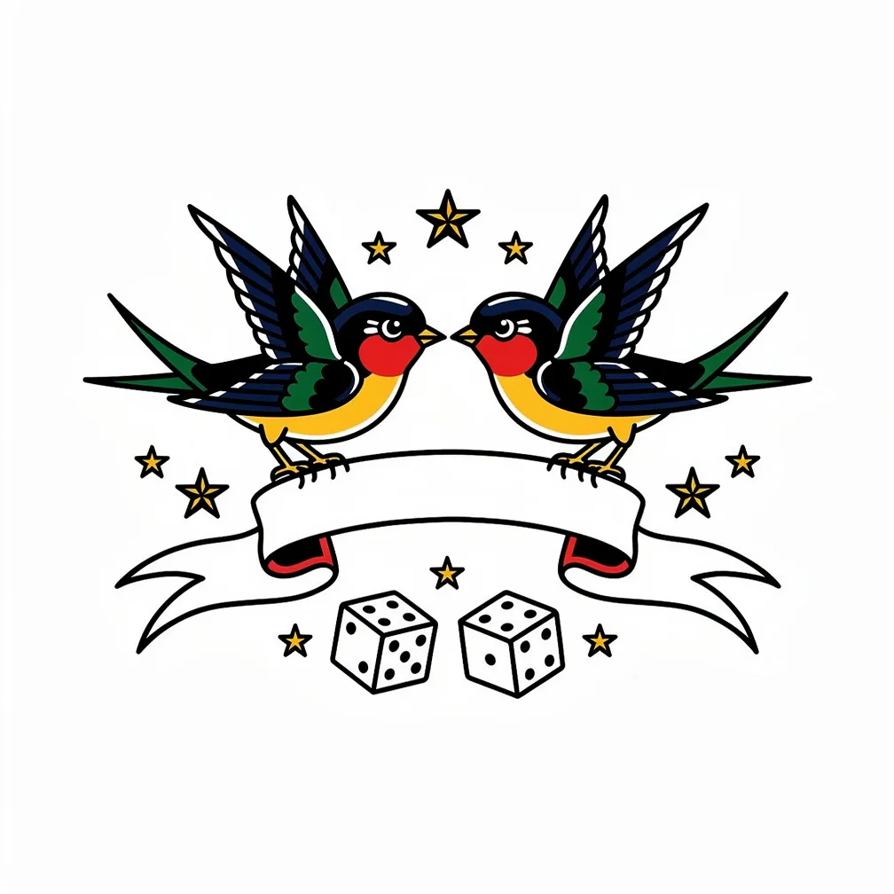Traditional sailor tattoo of twin swallows carrying a banner ribbon, framed by stars with classic dice accents in bold color.