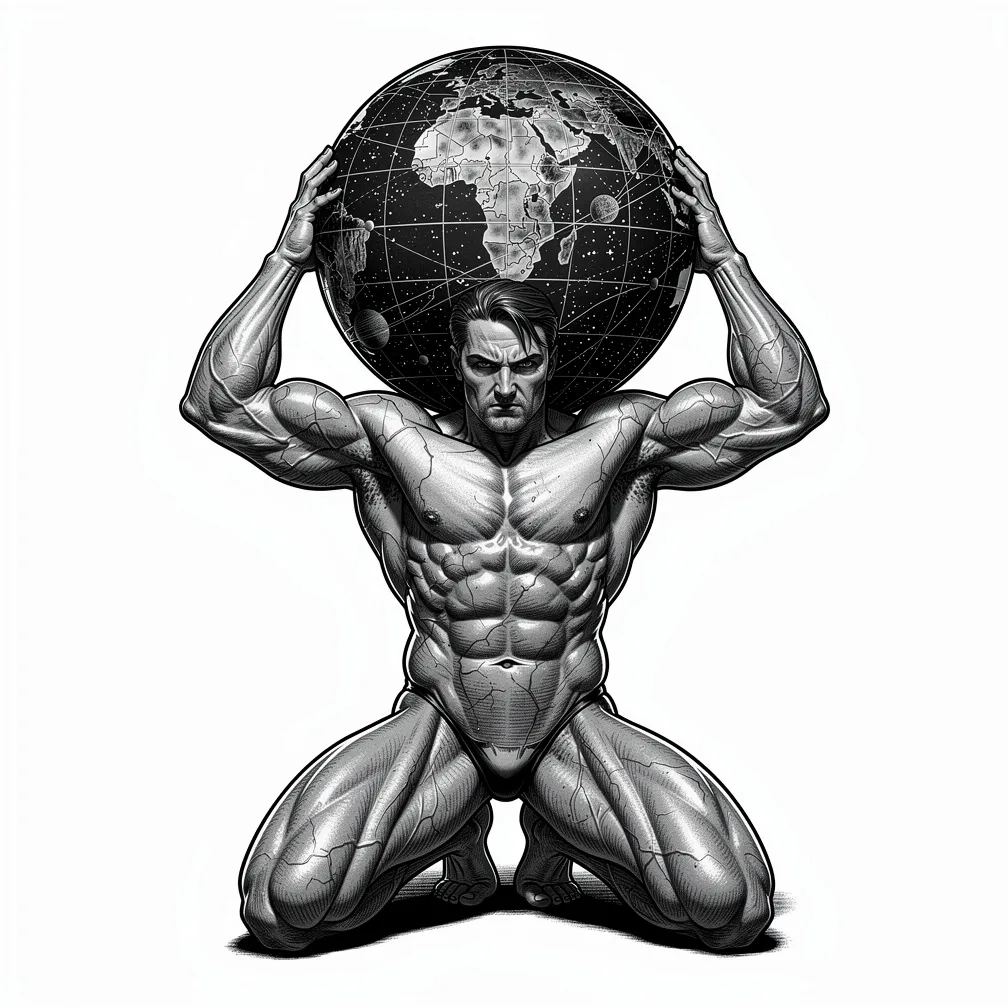 A realism tattoo of the Greek god Atlas straining under a celestial sphere, with detailed muscles and visible stars and constellations on the globe.