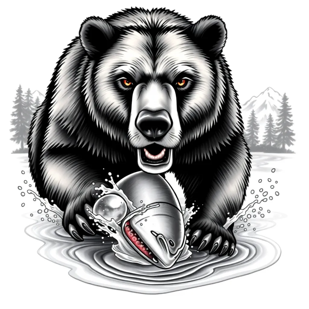 A realistic grizzly bear standing in a mountain stream with water splashing around its paws and a pine forest in the background, rendered in lifelike detail.