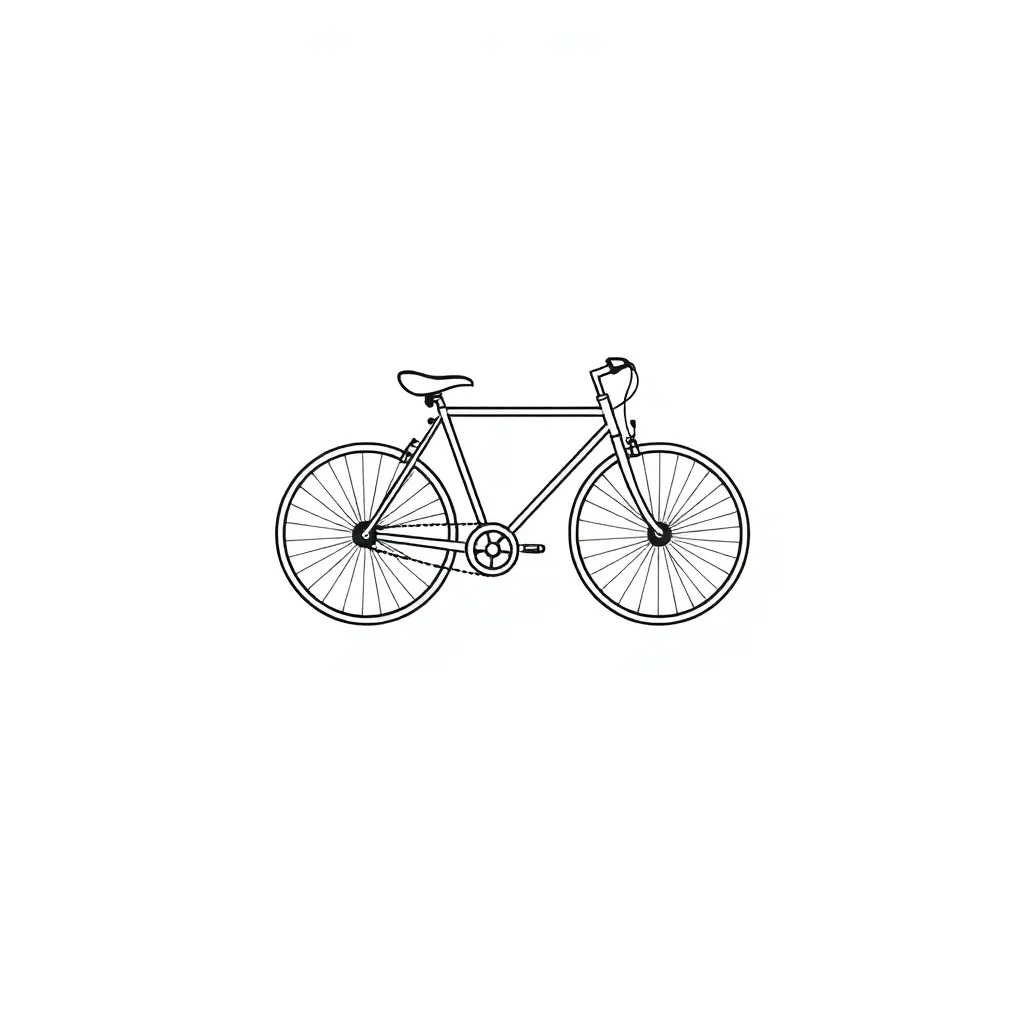A fine-line side silhouette of a bicycle with delicate dotted spokes and negative-space 'road' cutout forming an urban micro symbol.