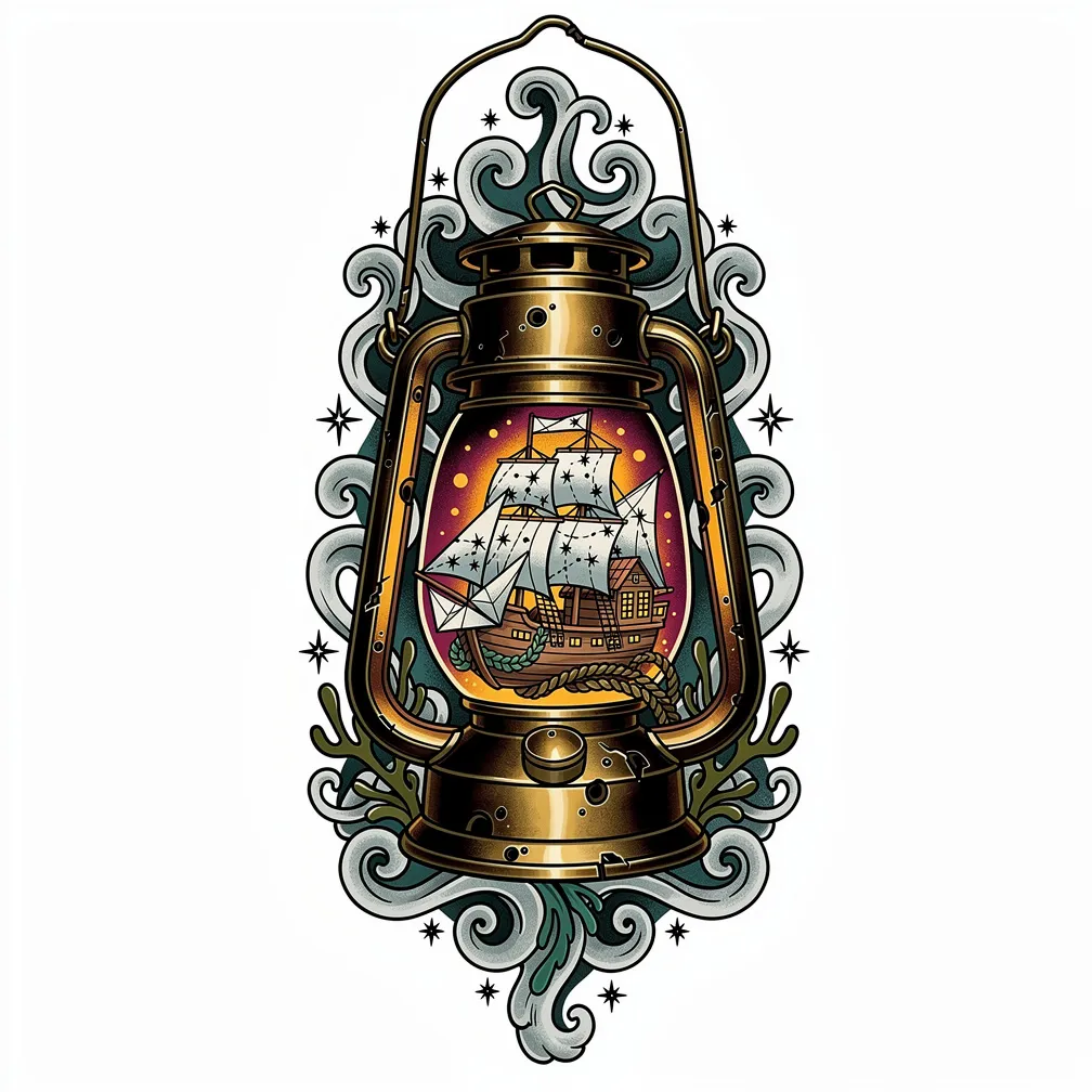 A neo-traditional dented brass storm lantern with soot-dark glass, glowing around a tiny clipper ship with constellation sails and warm cabin lights inside.