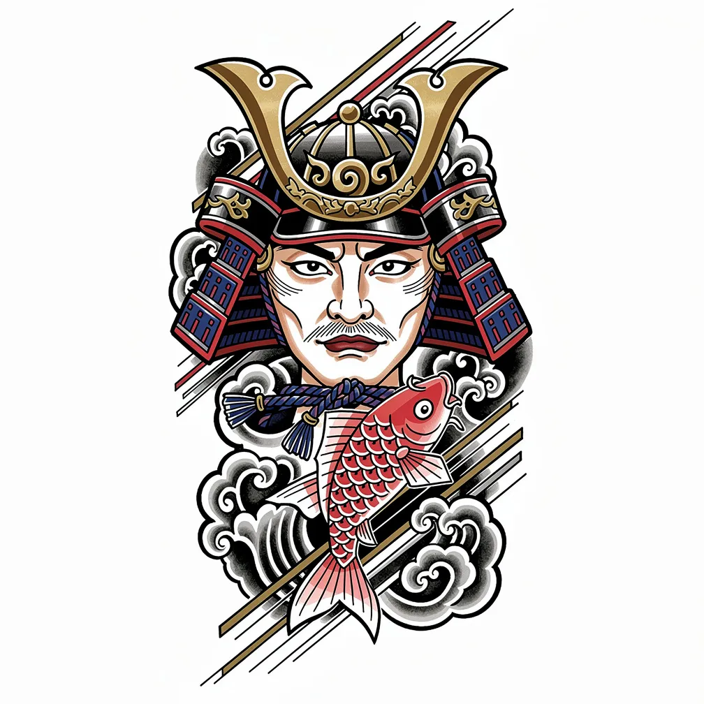 A Japanese-style kabuto and menpo with a wave-like brass crest, calm mask features, and an origami koi inside the helmet, rendered with sumi-style linework.