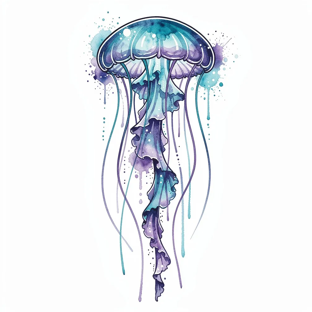 A watercolor bioluminescent jellyfish floats in deep ocean darkness with long glowing tentacles and drifting light particles.