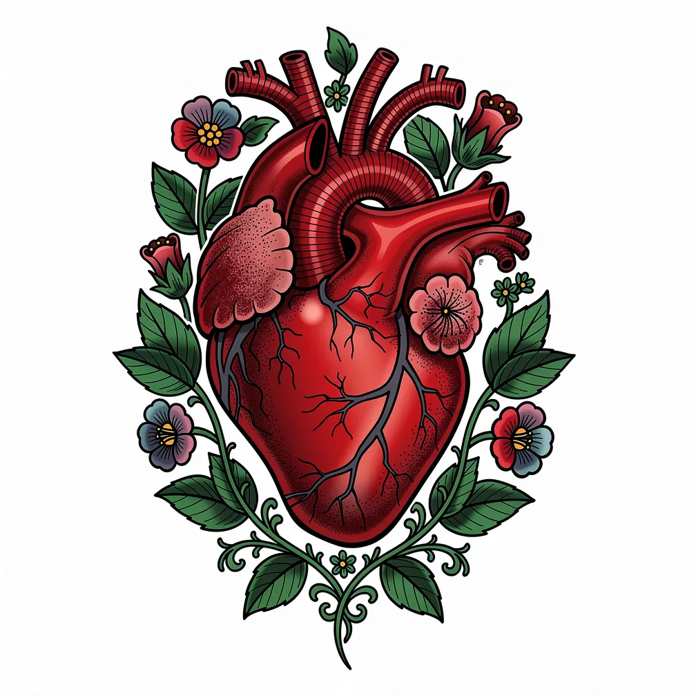 A neo-traditional anatomical human heart with flowers sprouting from its arteries and veins, combining bold linework with botanical detail.