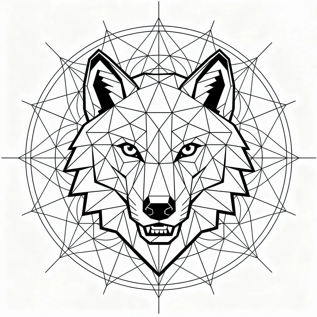 A geometric wolf constructed from interlocking triangles and angular facets with piercing eyes, rendered in sharp black and grey lines.