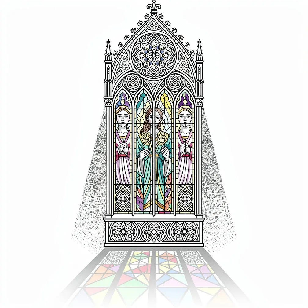 Rosetón ornamental de catedral gótica con paneles de vidriera y luz de luna que proyecta sombras de colores sobre el patrón.