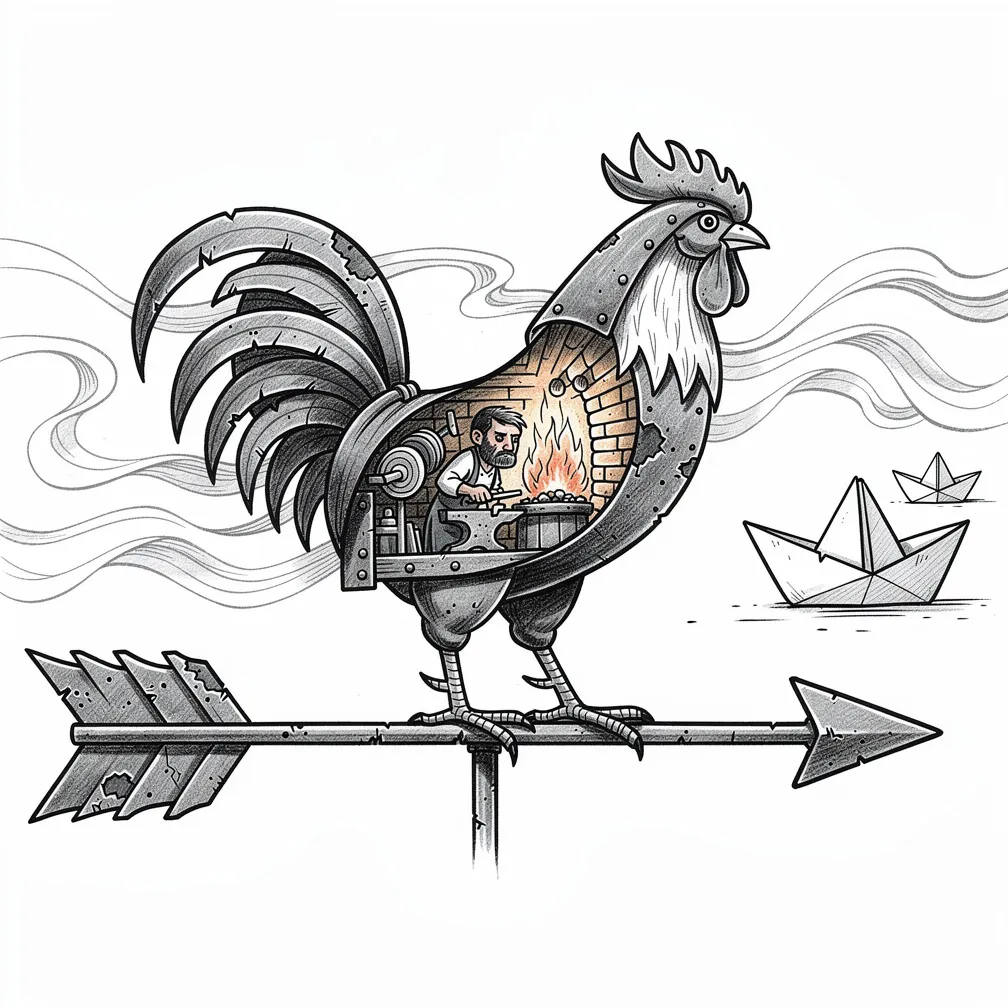 Ilustrativní železná kohoutí větrná korouhev s odchlípnutým ocasem, který odhaluje malou kovárnu, žhnoucí uhlíky a sazí umazaného kováře, jenž kovadlinou tvaruje stuhy v papírové lodičky.