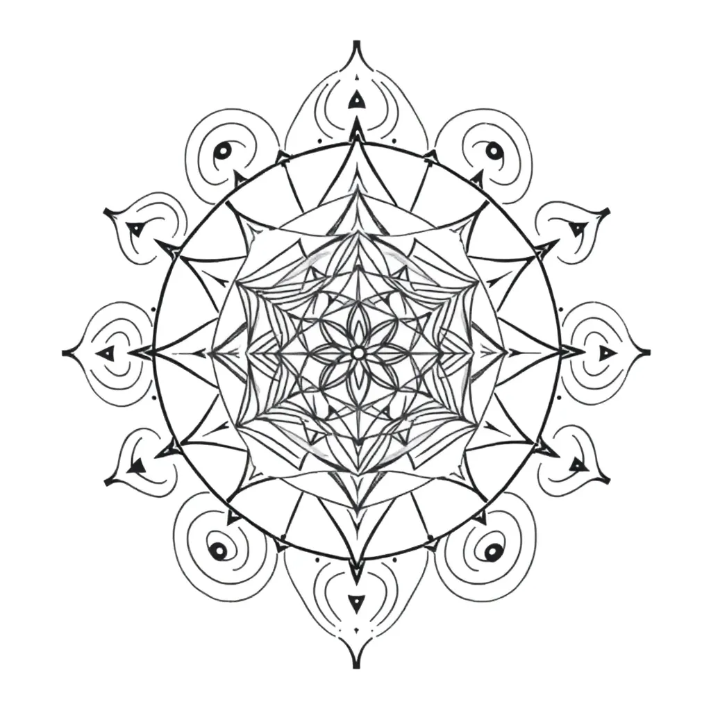 Intricate geometric tattoo featuring a Flower of Life at the center, an overlaid Metatron's Cube, and radiating golden-ratio spirals in fine black lines with gold accents.