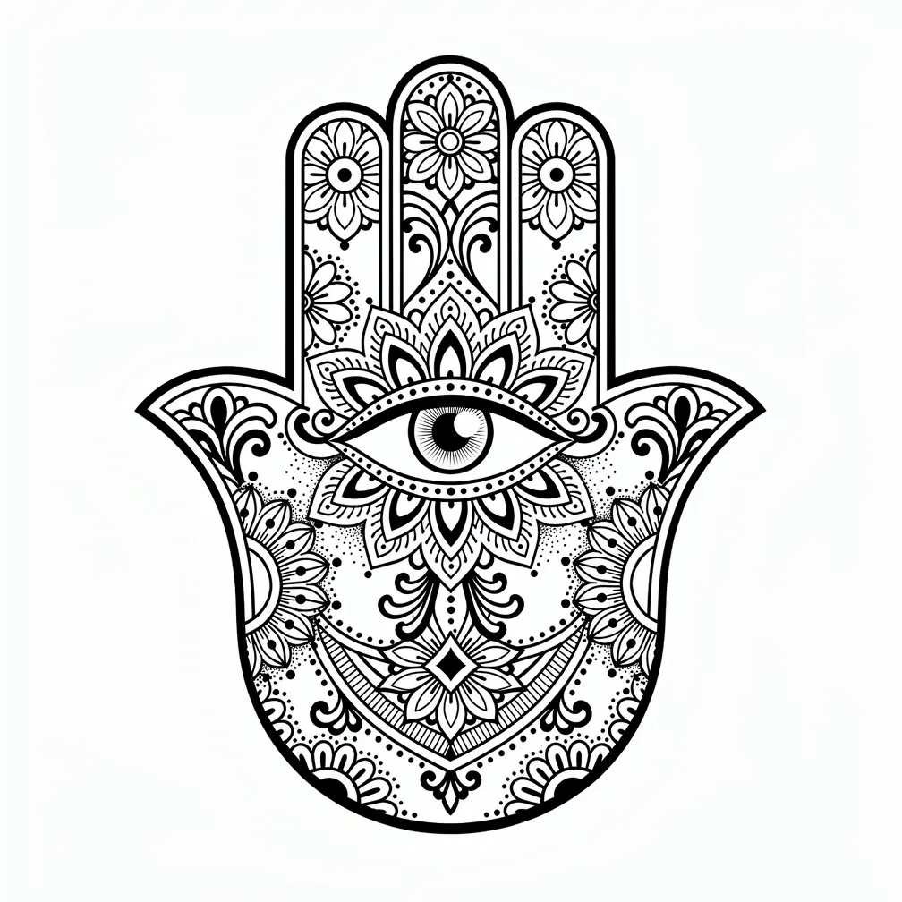 An ornamental hamsa hand with a central evil eye, filled with henna-inspired patterns and protective symbols in detailed linework.