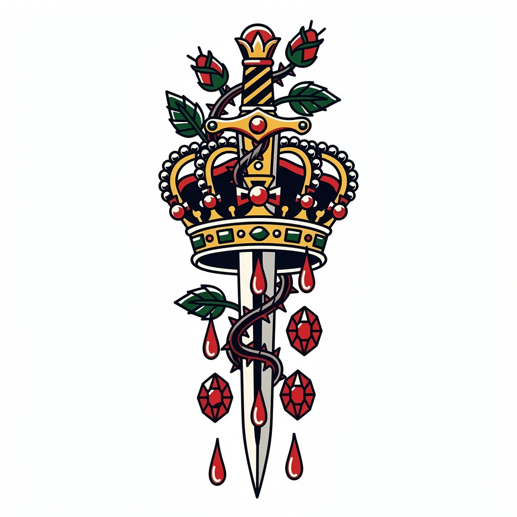 Daga de estilo tradicional atravesando una corona real; las gotas de sangre se transforman en gemas de rubí, enmarcada por tallos y hojas de rosas espinosas.