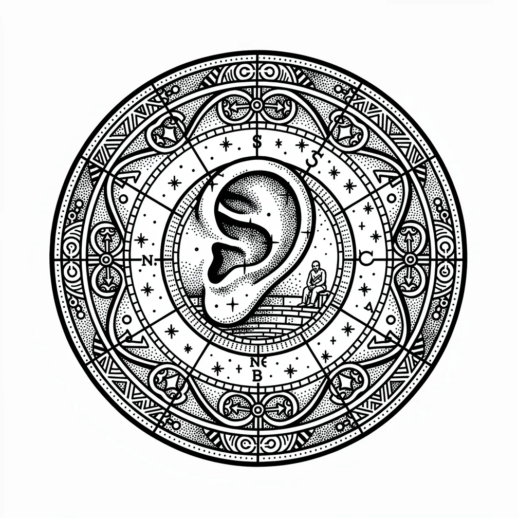 A blackwork iron astrolabe disc with etched star charts, its center replaced by a detailed ear shaped like an amphitheater with a lone seated listener.