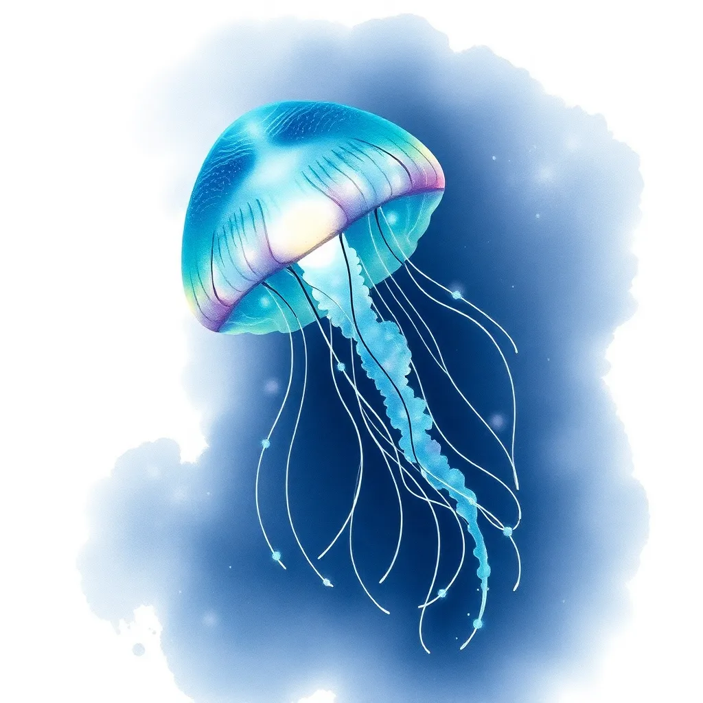 A watercolor-style bioluminescent jellyfish drifting in deep ocean darkness with long glowing tentacles and drifting particles of light