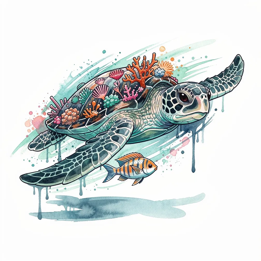 Una tortuga marina en acuarela deslizándose entre corrientes, con un arrecife de coral creciendo sobre su caparazón y peces tropicales de colores nadando a su lado.