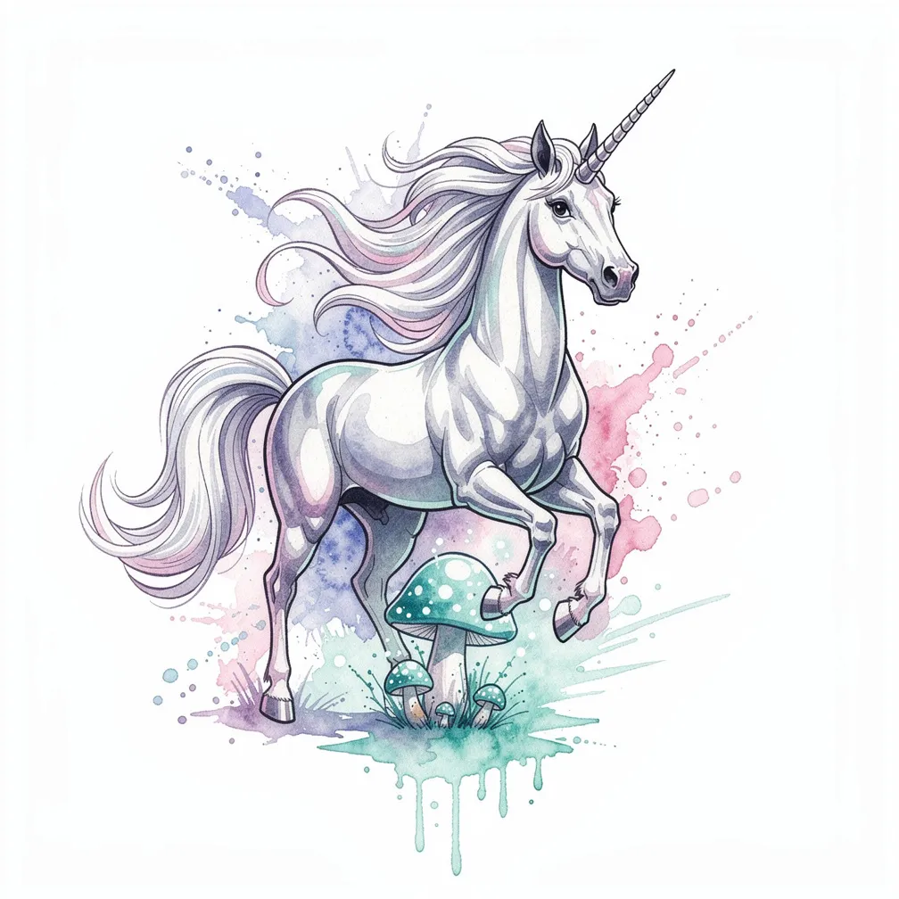 A watercolor unicorn gallops through an enchanted forest, liquid-silver mane flowing as glowing mushrooms shine beneath its hooves.