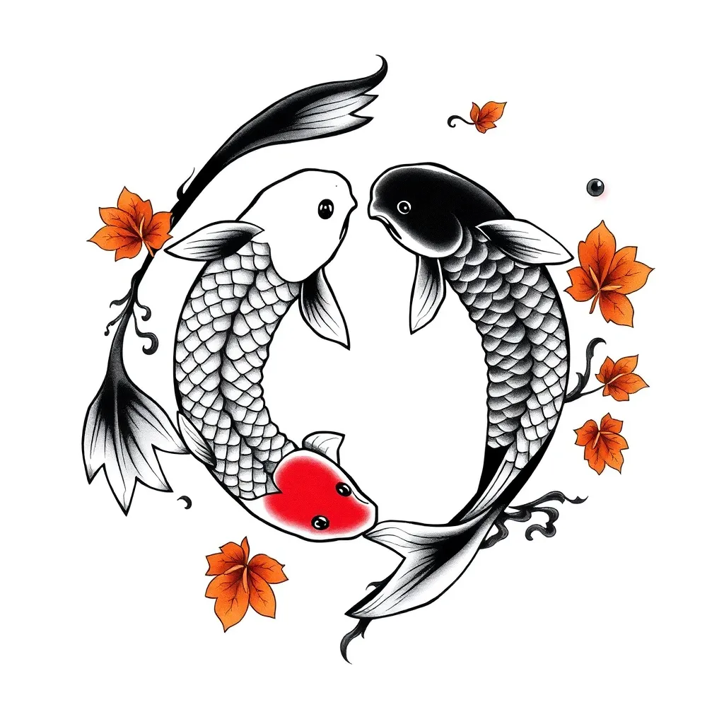 Two koi fish, one dark and one light, swimming in a circular yin-yang composition with Japanese-style waves and floral accents.