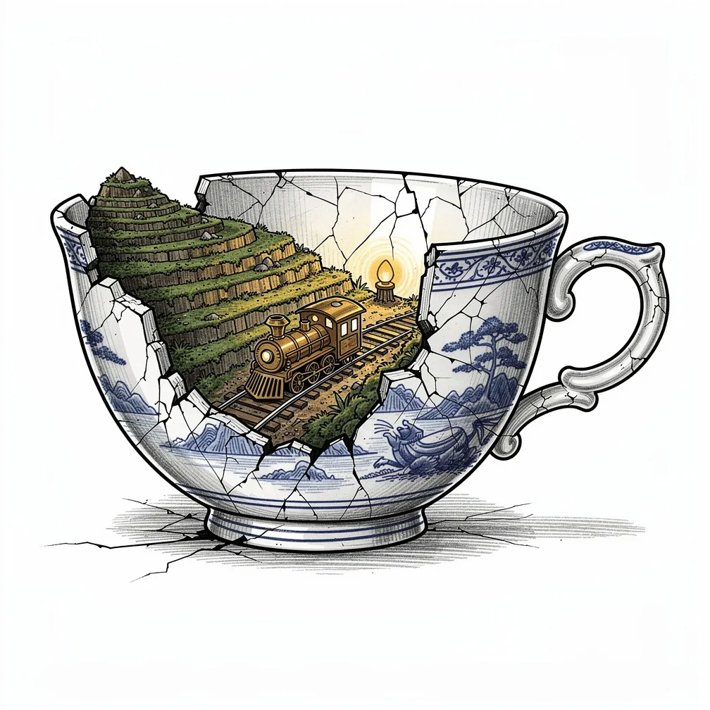 An illustrative cracked porcelain blue-willow teacup with a peeled rim revealing a lamp-lit miniature mountain railway and a brass steam-koi engine puffing pearl steam inside.