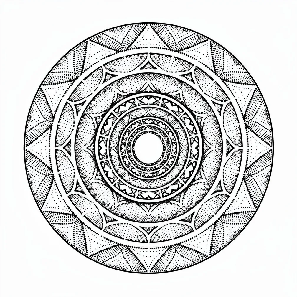A dotwork geometric design of concentric circles made of diminishing dots, forming a precise 3D tunnel illusion.
