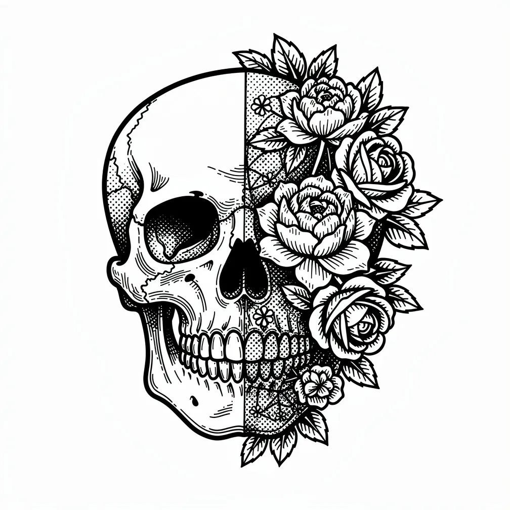 A blackwork design of a half realistic skull merging into a blooming garden of roses and peonies, symbolizing life and death.
